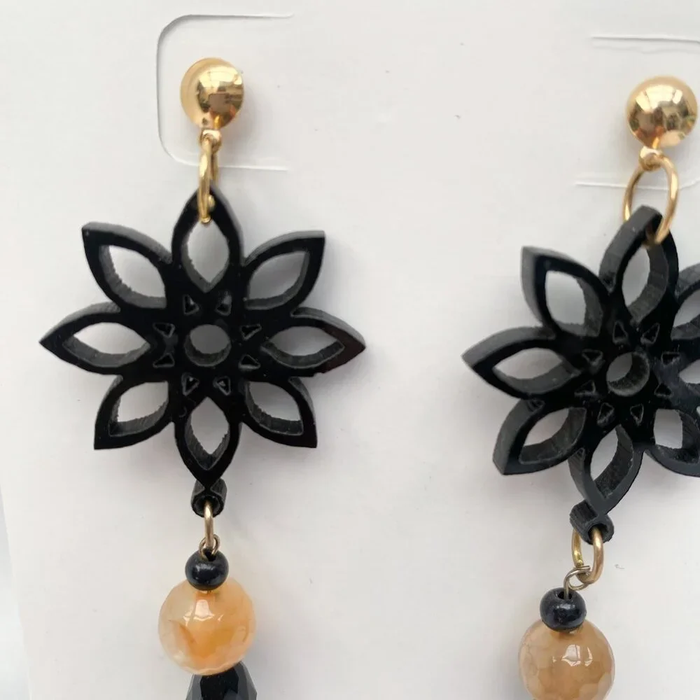 Black Acrylic Earrings with Agate and Murano Crystals